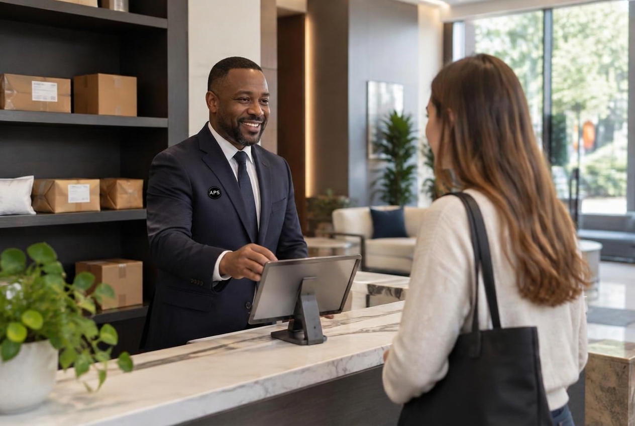 APS concierge security officer greeting a visitor in a building lobby