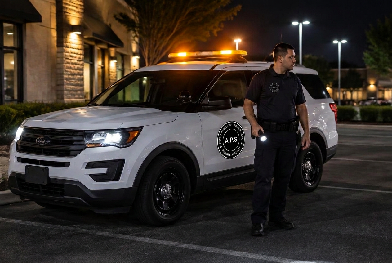 APS officer beside a patrol vehicle